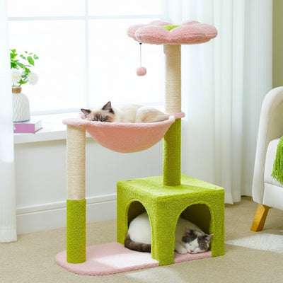 arbre-a-chat-fleur-variante-vert-et-rose-chat-dort