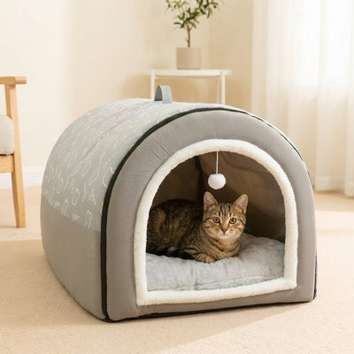 cabane pour chat intérieur densius variante gris avec chat