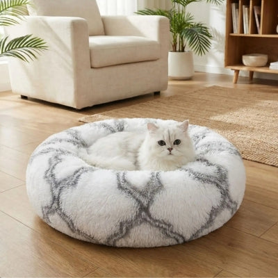 couffin pour chat siestos variante marbre blanc gris avec chat