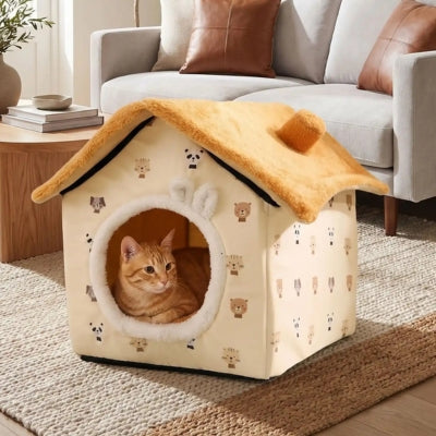 abri chat croumy beige dans salon