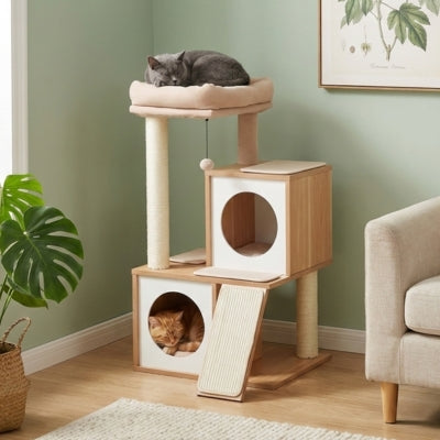 arbre a chat bois suedar avec deux chats dorment