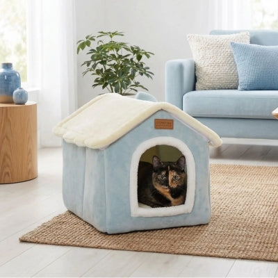 cabane a chat helicha bleu avec chat