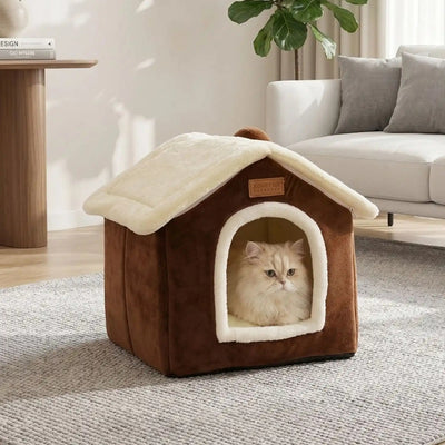 cabane a chat helicha marron avec chat