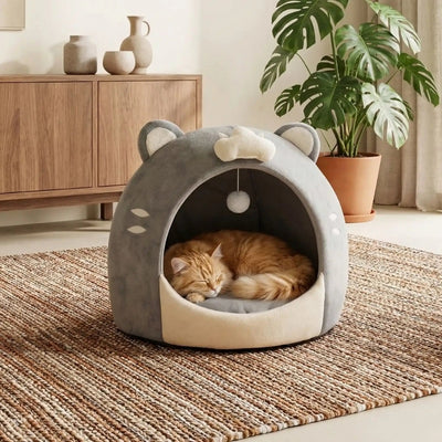 cabane a chats chatix gris avec chat