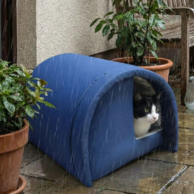 cabane extérieure pour chat demilu couleur bleu sous la pluie