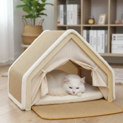 cabane pour chat interieur nekar avec chat blanc