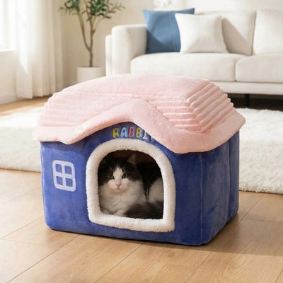 cabane pour chats jaluria bleu avec chat
