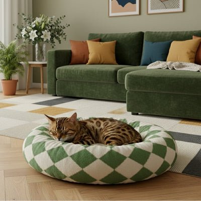 coussin pour chat zelyo design losanges vert et beige