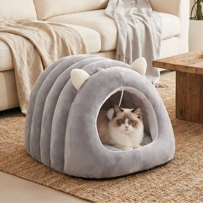 grottes pour chats kamial gris avec chat dans salon