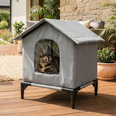 maison exterieur pour chat hauzal gris avec chat