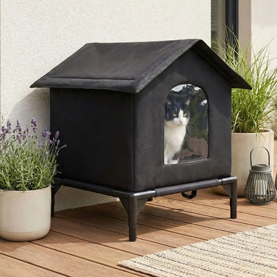 maison exterieur pour chat hauzal noir avec chat