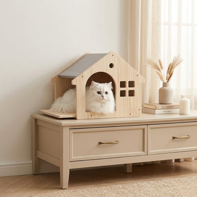 maisonnette chat bois bonital dans salon chat regarde