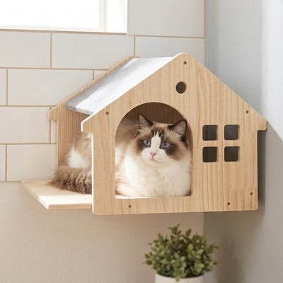 maisonnette chat bois bonital fixe mur chat dort