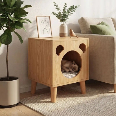 maisonnette pour chat en bois shibal avec chat qui dort