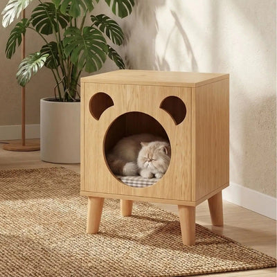maisonnette pour chat en bois shibal avec chat