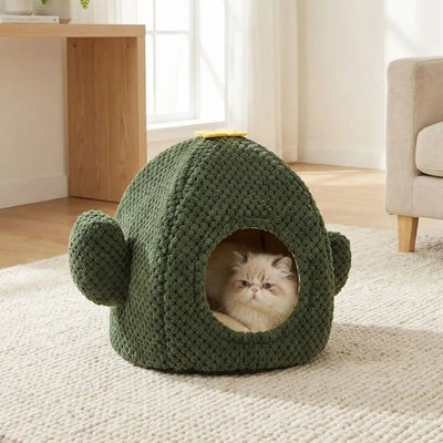 maisonnette pour chat hirukim vert foncé avec chat