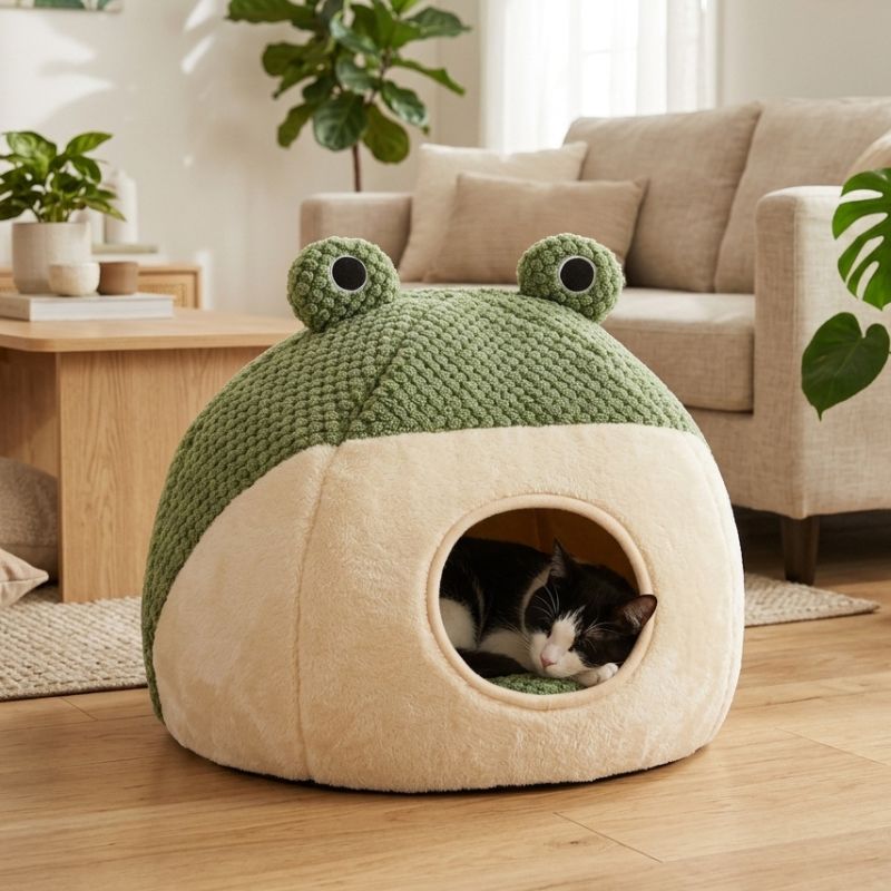 maisonnette pour chat tinoux avec chat noir et blanc