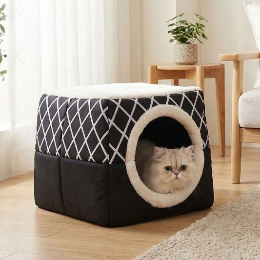 maisonnette pour chats hofika avec chat dans salon
