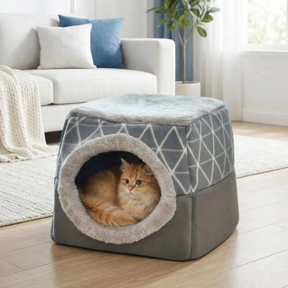 maisonnette pour chats hofika gris avec chat dans salon