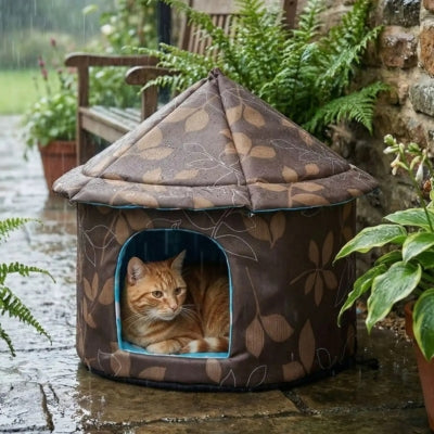 niche chat extérieure rondiz avec chat sous la pluie