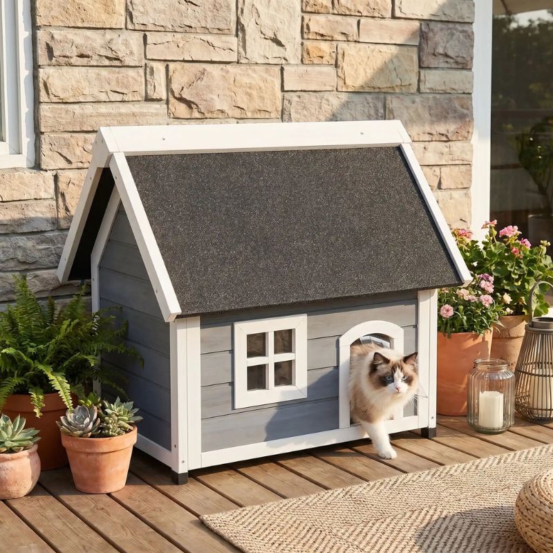 niche en bois pour chat boizon chat qui sort