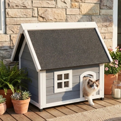 niche en bois pour chat boizon sur terrasse
