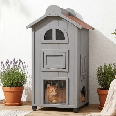 niche pour chat en bois boiken sur terrasse