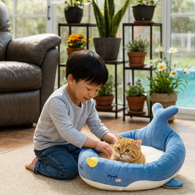 panier original pour chat balicor avec petit garcon qui le caresse