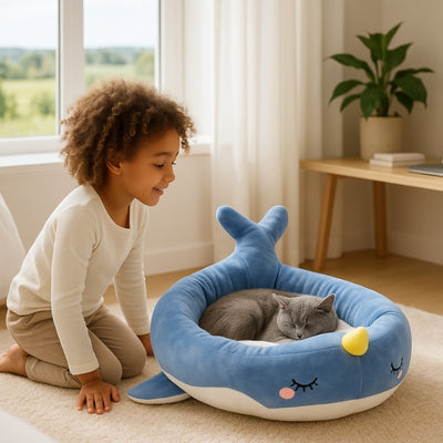 panier original pour chat balicor variante petite fillette regarde chat qui dort