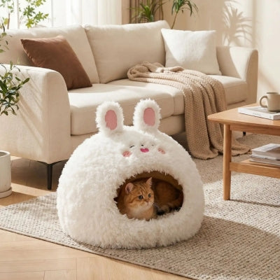 petite niche pour chat loupau design lapin blanc avec chat
