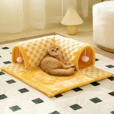 tapis-pour-chat-chat-repos-tapis-tunnel-couleur-jaune